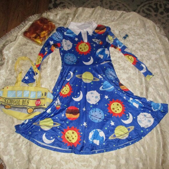 Magic School Bus Miss Frizzle Costume Dress Wig Earrings Bus purse size L - Picture 1 of 5